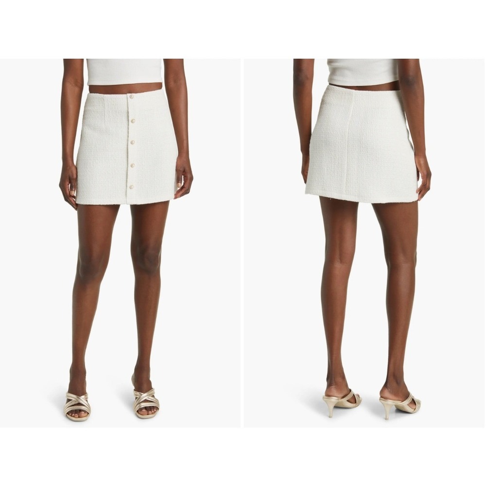 All In Favor Imitation Pearl Decorative Button Tweed Miniskirt Cream Size M